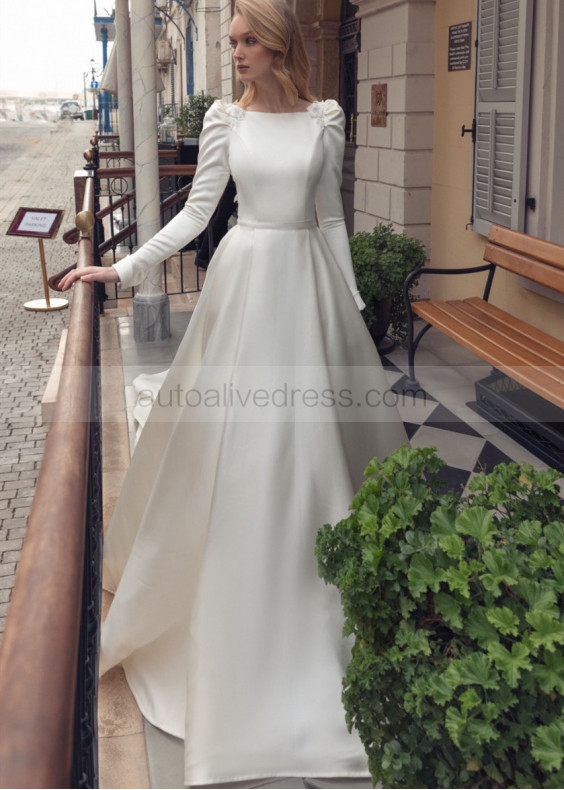 Long Sleeve Boat Neck Ivory Satin Wedding Dress Long Sleeve Boat Neck Ivory Satin Wedding Dress